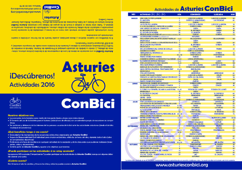 Folleto Promocional de actividades Asturies ConBici 2016