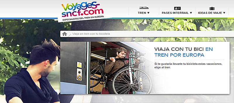 Portada de la página de adquisición de billetes de tren de la SNCF francesa promocionando la intermodalidad bicicleta-tren