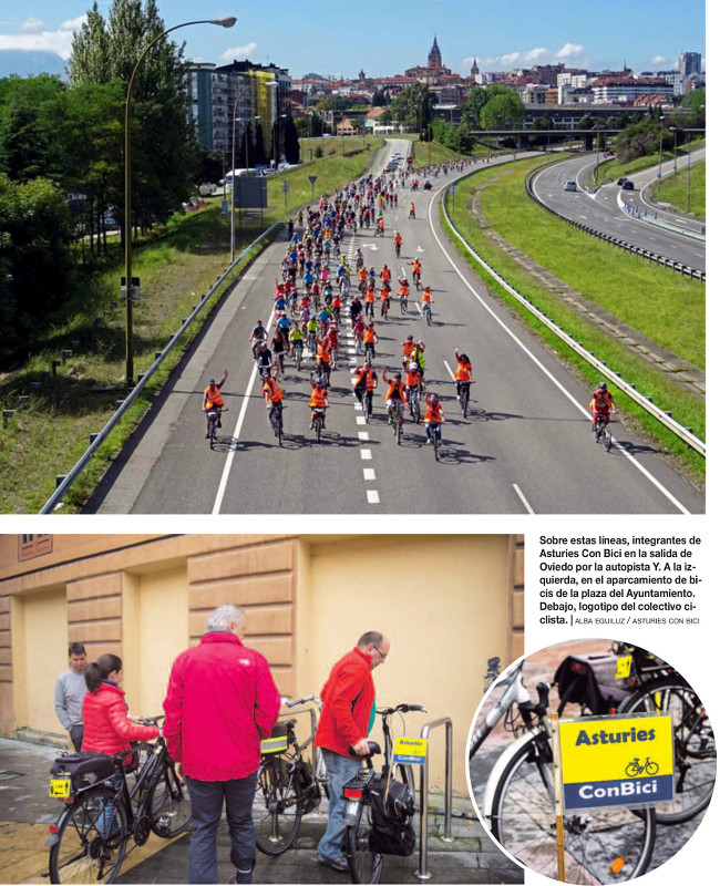 Sobre estas líneas, integrantes de Asturies Con Bici en la salida de Oviedo por la autopista Y. A la izquierda, en el aparcamiento de bicis de la plaza del Ayuntamiento. Debajo, logotipo del colectivo ciclista.